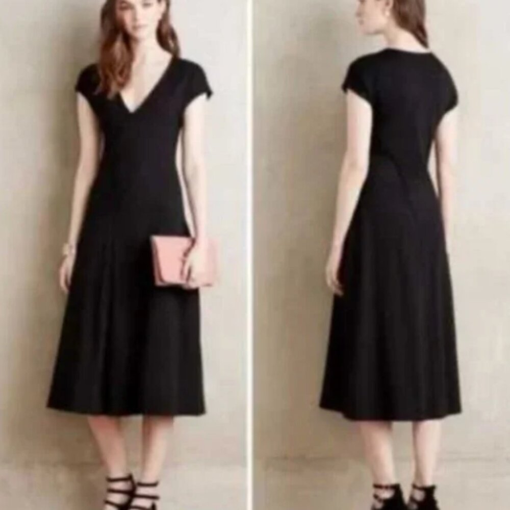 Maeve Anthropologie Black V-Neck Midi Dress Cap Sleeve Fit & Flare X-Small LBD